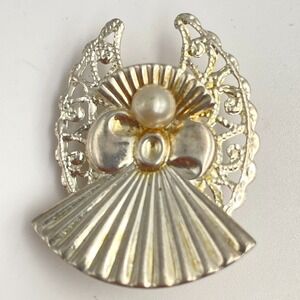 Vintage‎ 90s AOL Silver Tone Faux Pearl Filigree Wings Angel Brooch Pin Jewelry